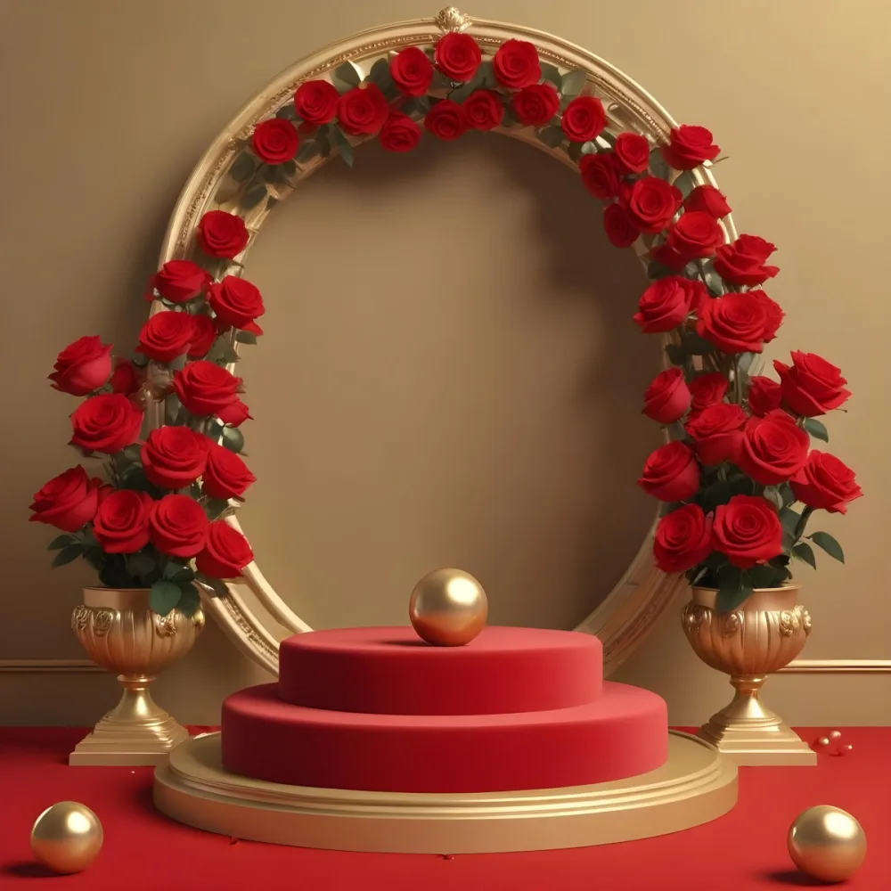 Red Roses Surrounding A Podium With A Golden Frame Red Background Golden Spheres Romantic Theme Product Presentation Elegant Design Valentine S Day Concept 6 6c92