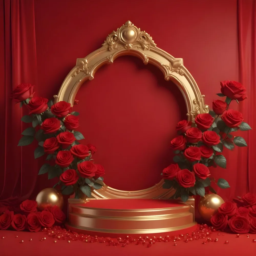 Red Roses Surrounding A Podium With A Golden Frame Red Background Golden Spheres Romantic Theme Product Presentation Elegant Design Valentine S Day Concept 7 0b7a