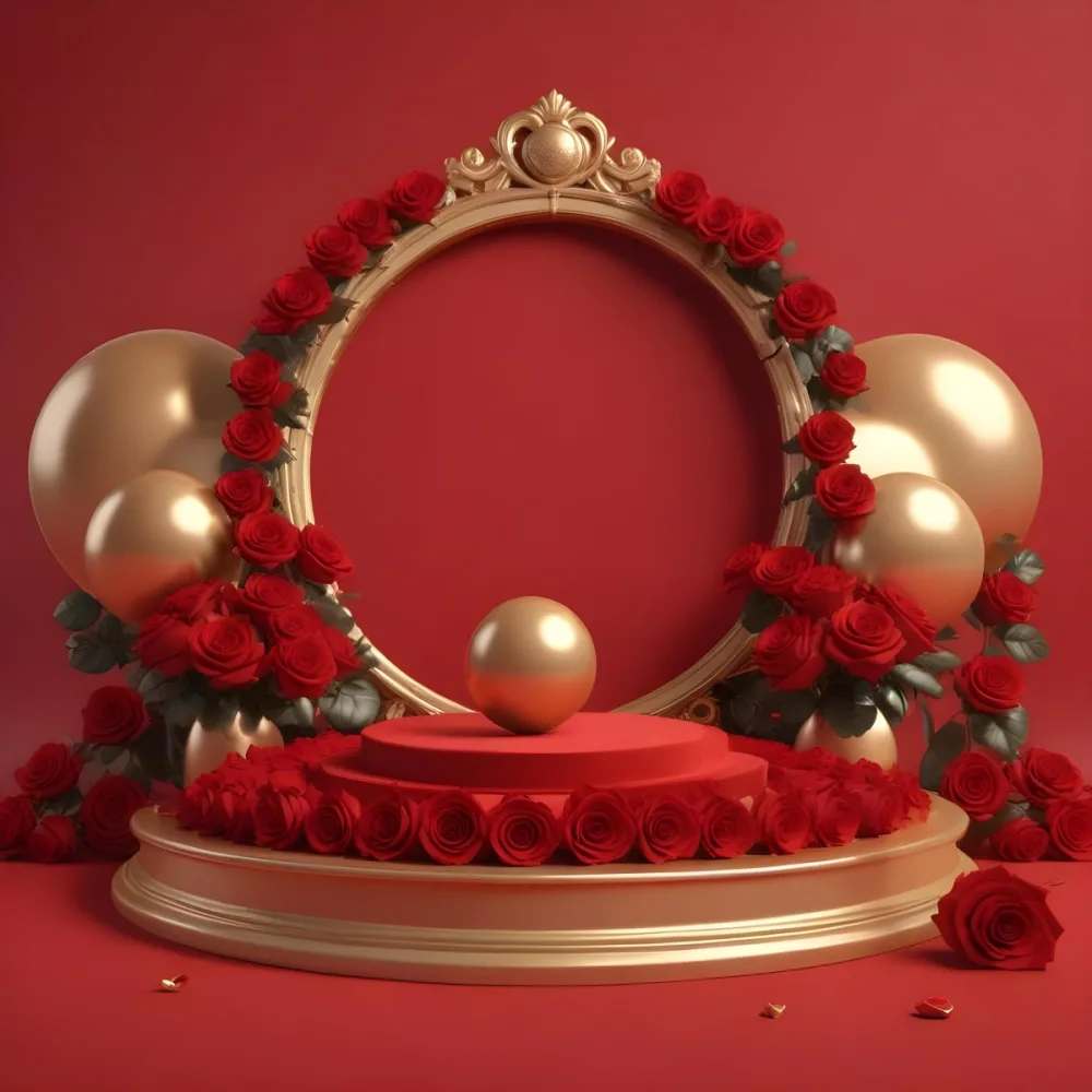 Red Roses Surrounding A Podium With A Golden Frame Red Background Golden Spheres Romantic Theme Product Presentation Elegant Design Valentine S Day Concept 8 4669