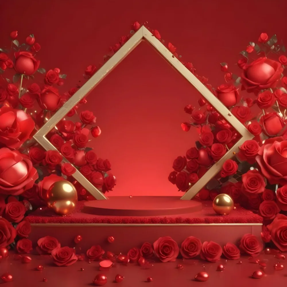 Red Roses Surrounding A Podium With A Golden Frame Red Background Golden Spheres Romantic Theme Product Presentation Elegant Design Valentine S Day Concept 9 1aaf
