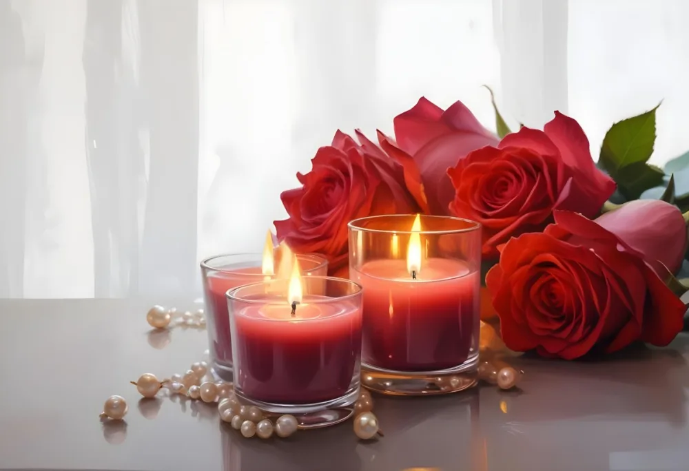 Three Candles In Glass Containers With A Pearl Necklace And A Bouquet Of Roses In A Bright Room 1 1954