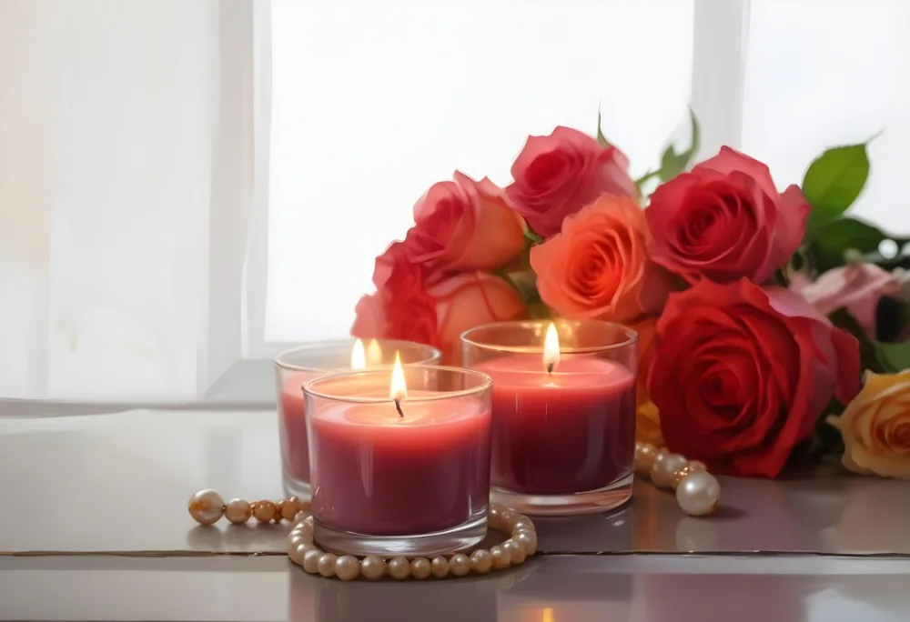 Three Candles In Glass Containers With A Pearl Necklace And A Bouquet Of Roses In A Bright Room 10 D569