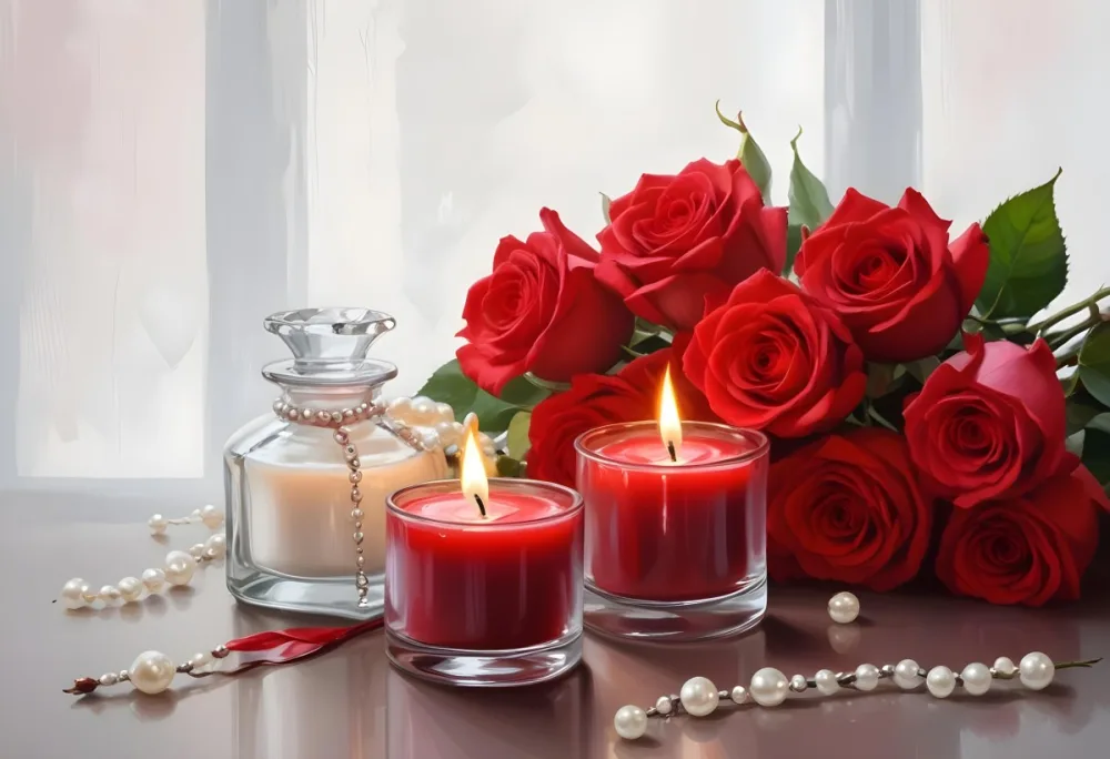 Three Candles In Glass Containers With A Pearl Necklace And A Bouquet Of Roses In A Bright Room 15 29fa