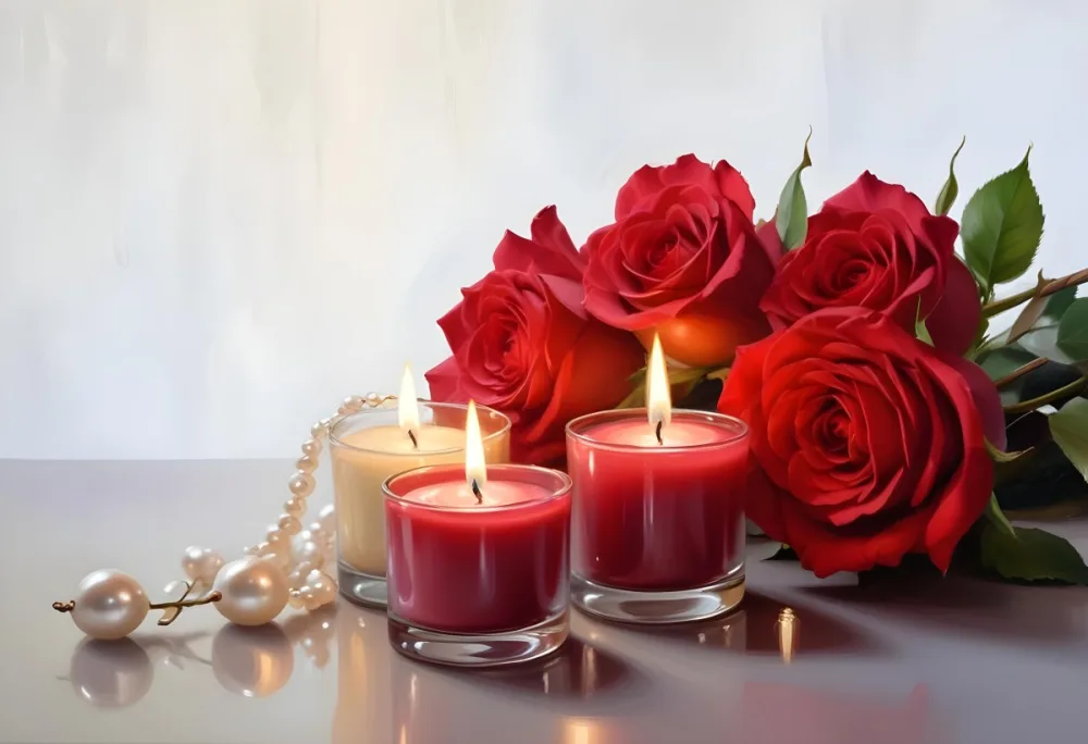 Three Candles In Glass Containers With A Pearl Necklace And A Bouquet Of Roses In A Bright Room 16 5a60