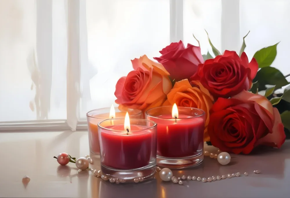 Three Candles In Glass Containers With A Pearl Necklace And A Bouquet Of Roses In A Bright Room 2 Ff8e