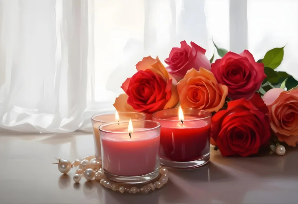 Three Candles In Glass Containers With A Pearl Necklace And A Bouquet Of Roses In A Bright Room 24 2646