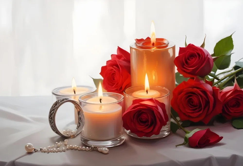 Three Candles In Glass Containers With A Pearl Necklace And A Bouquet Of Roses In A Bright Room 26 47fb