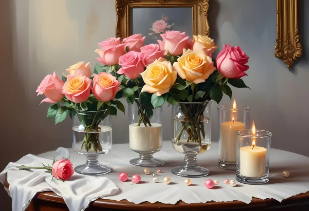 Three Candles In Glass Containers With A Pearl Necklace And A Bouquet Of Roses In A Bright Room 33 3784