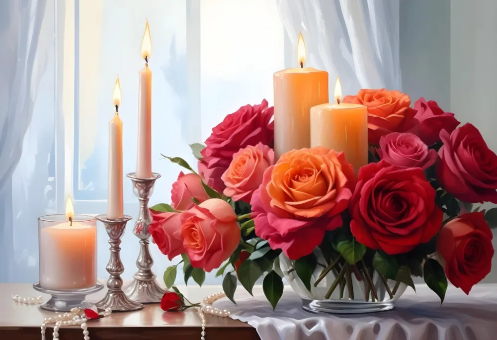 Three Candles In Glass Containers With A Pearl Necklace And A Bouquet Of Roses In A Bright Room 36 Ce07