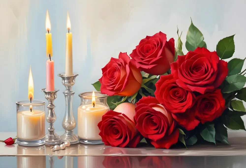 Three Candles In Glass Containers With A Pearl Necklace And A Bouquet Of Roses In A Bright Room 37 C72b