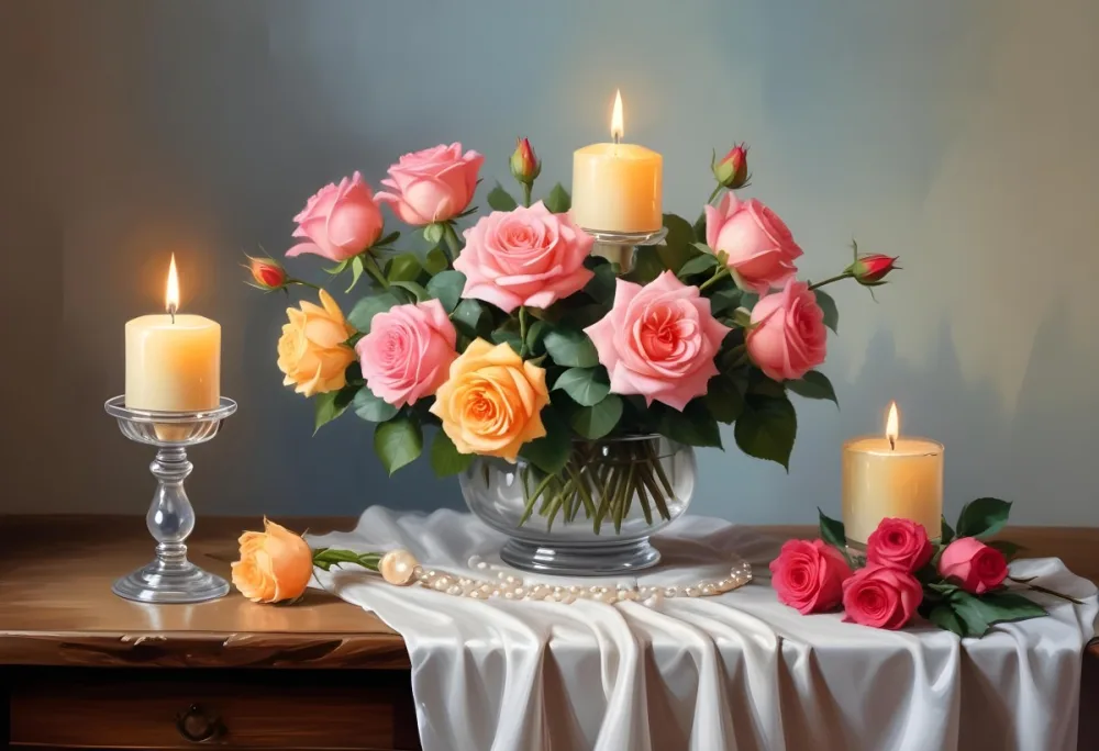 Three Candles In Glass Containers With A Pearl Necklace And A Bouquet Of Roses In A Bright Room 38 Abd2