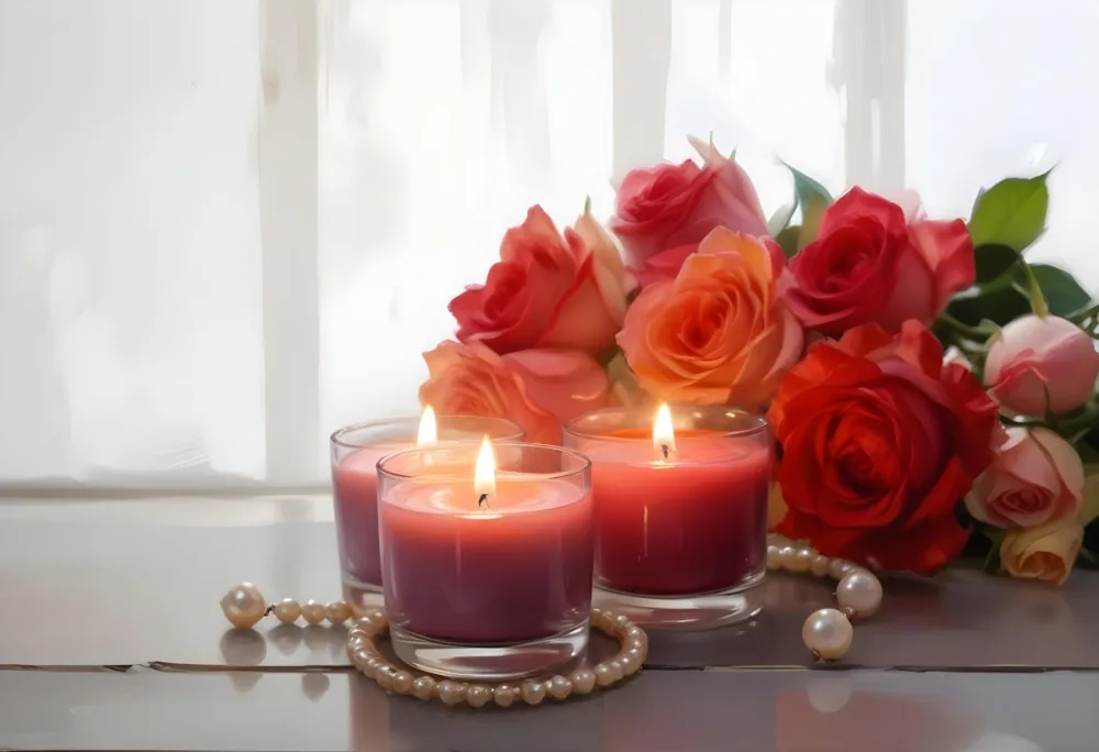 Three Candles In Glass Containers With A Pearl Necklace And A Bouquet Of Roses In A Bright Room 4 Faed