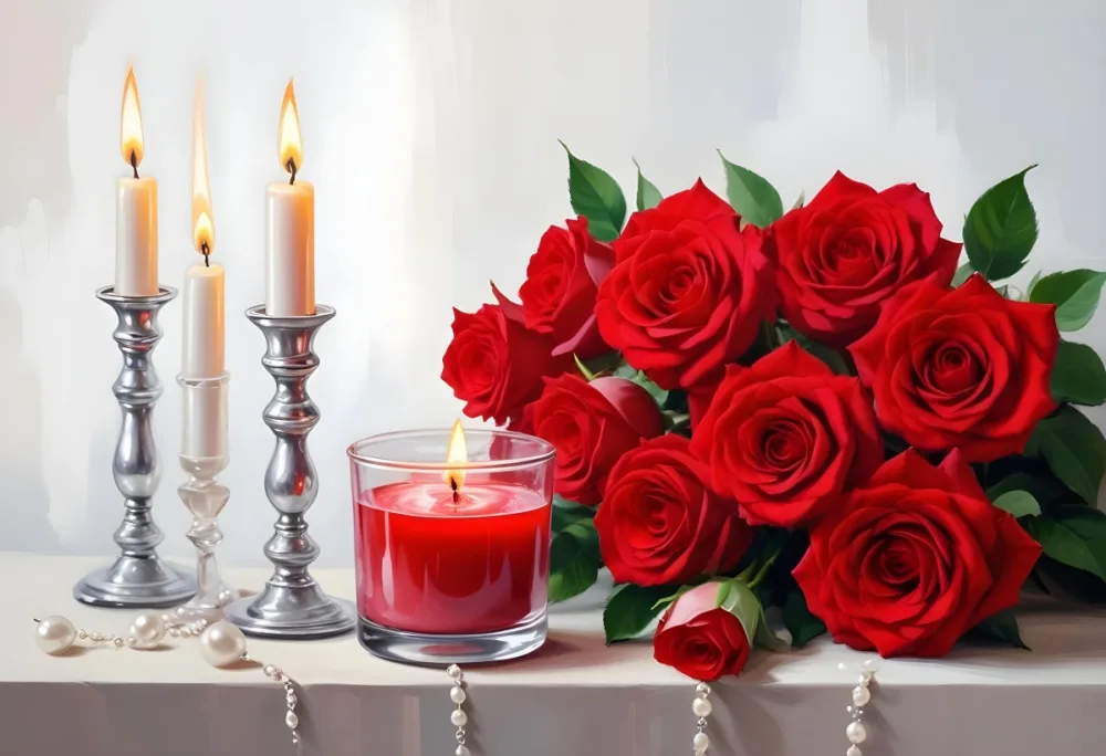 Three Candles In Glass Containers With A Pearl Necklace And A Bouquet Of Roses In A Bright Room 40 8684