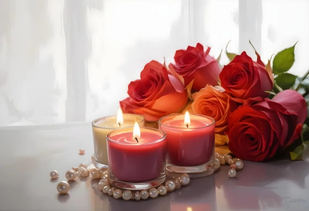 Three Candles In Glass Containers With A Pearl Necklace And A Bouquet Of Roses In A Bright Room 6 39a1