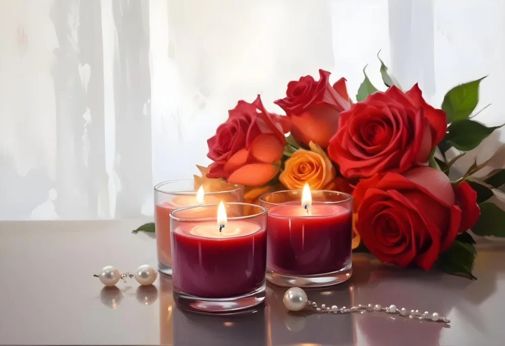Three Candles In Glass Containers With A Pearl Necklace And A Bouquet Of Roses In A Bright Room 7 7f66