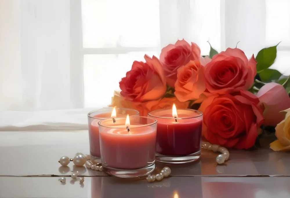 Three Candles In Glass Containers With A Pearl Necklace And A Bouquet Of Roses In A Bright Room 9 1cf4