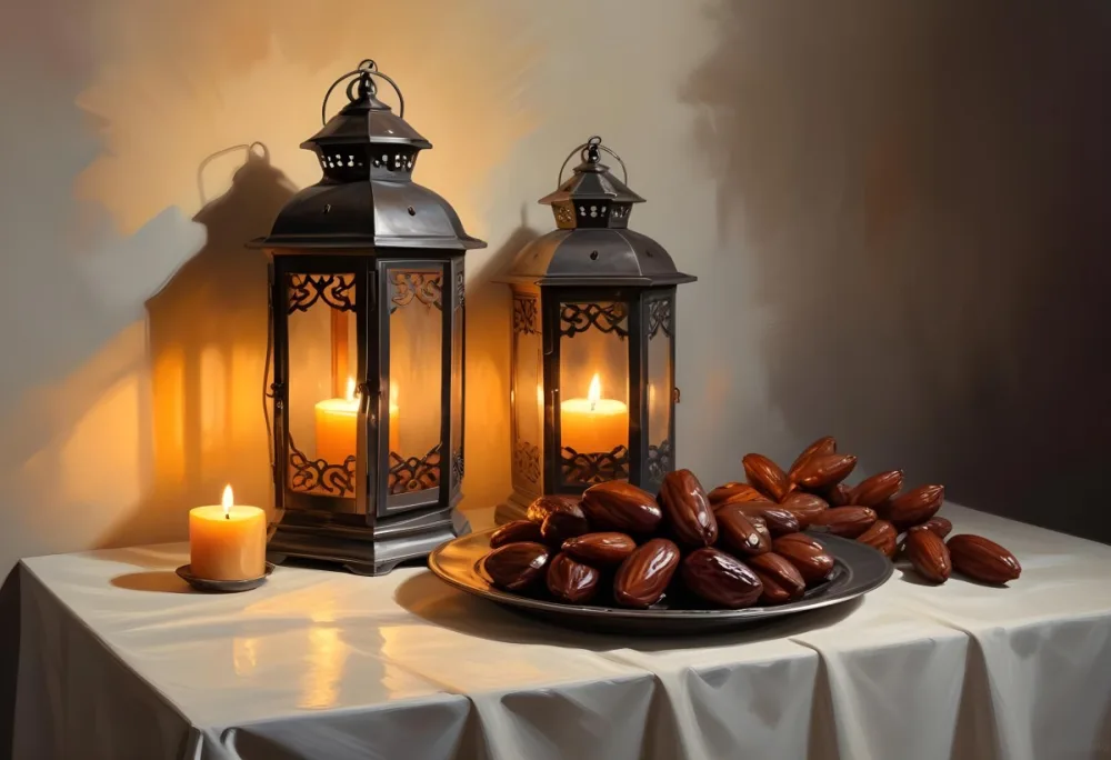Two Metal Lanterns With Candles Inside And A Plate Of Dates On A Reflective Surface Warm Lighting Against A Plain Wall 13 A02a