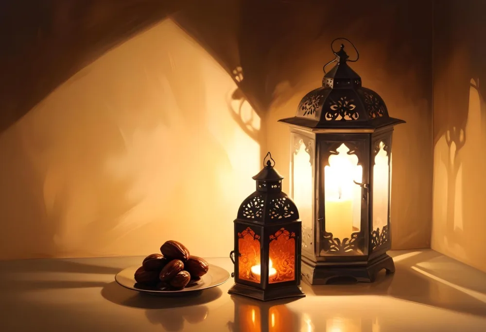 Two Metal Lanterns With Candles Inside And A Plate Of Dates On A Reflective Surface Warm Lighting Against A Plain Wall 20 E049