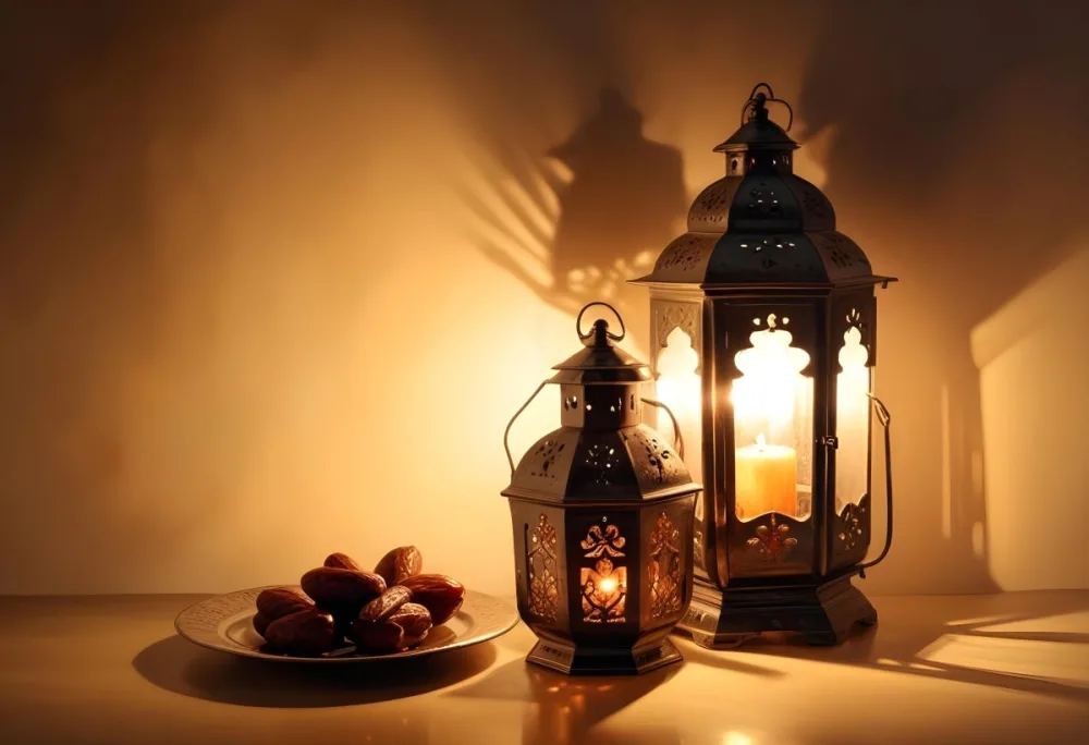 Two Metal Lanterns With Candles Inside And A Plate Of Dates On A Reflective Surface Warm Lighting Against A Plain Wall 24 2bb9