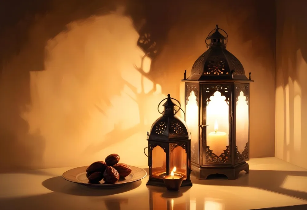 Two Metal Lanterns With Candles Inside And A Plate Of Dates On A Reflective Surface Warm Lighting Against A Plain Wall 27 70e2