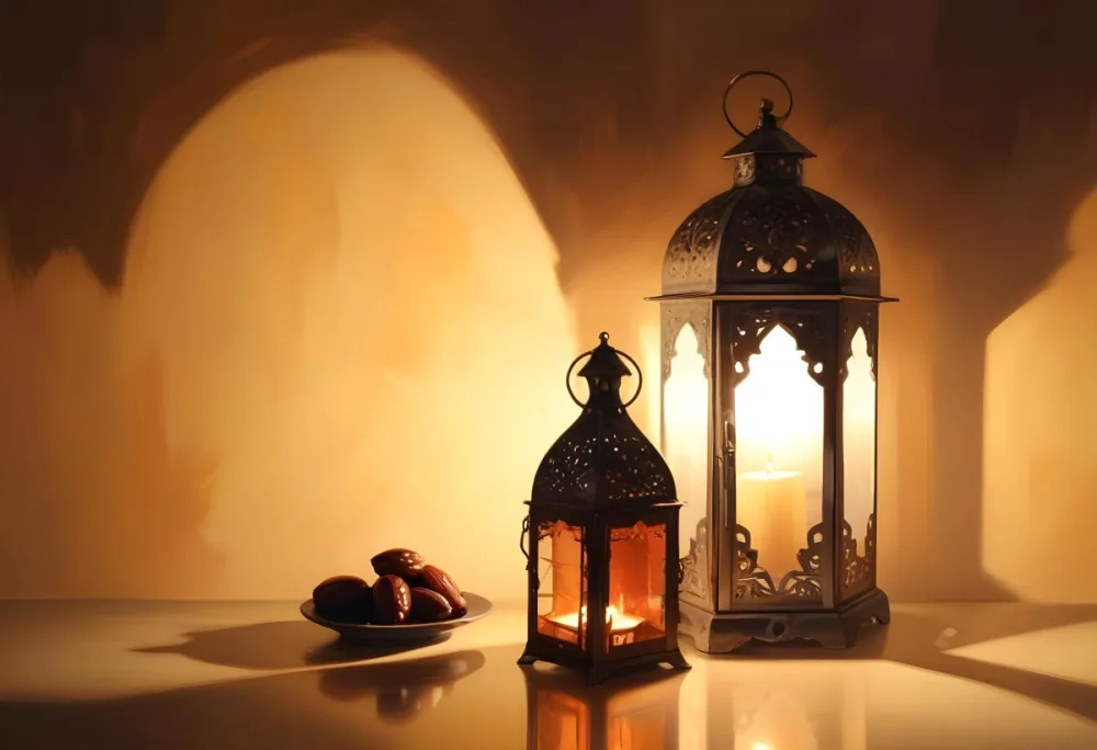Two Metal Lanterns With Candles Inside And A Plate Of Dates On A Reflective Surface Warm Lighting Against A Plain Wall 28 8e81