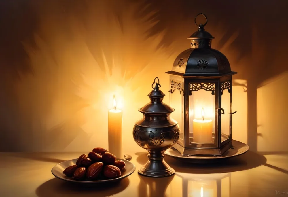 Two Metal Lanterns With Candles Inside And A Plate Of Dates On A Reflective Surface Warm Lighting Against A Plain Wall 3 5bb9