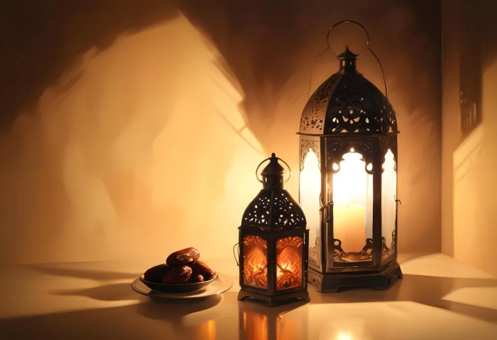 Two Metal Lanterns With Candles Inside And A Plate Of Dates On A Reflective Surface Warm Lighting Against A Plain Wall 30 0eb5