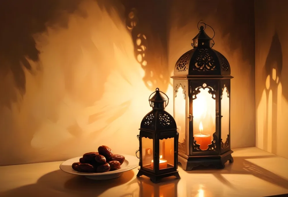 Two Metal Lanterns With Candles Inside And A Plate Of Dates On A Reflective Surface Warm Lighting Against A Plain Wall 31 65f5