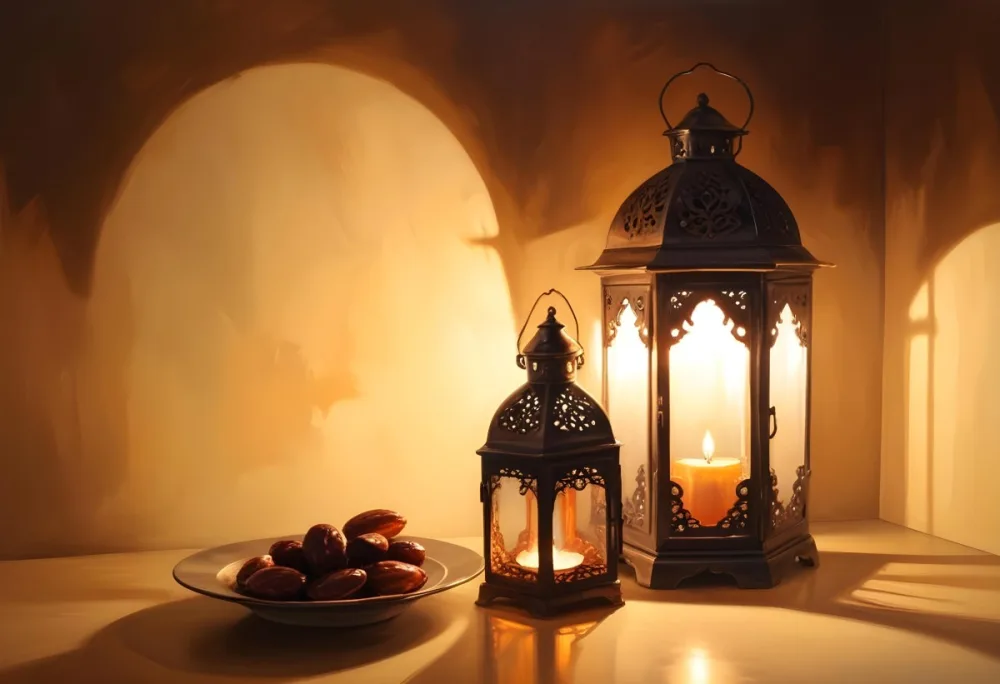Two Metal Lanterns With Candles Inside And A Plate Of Dates On A Reflective Surface Warm Lighting Against A Plain Wall 32 11c9