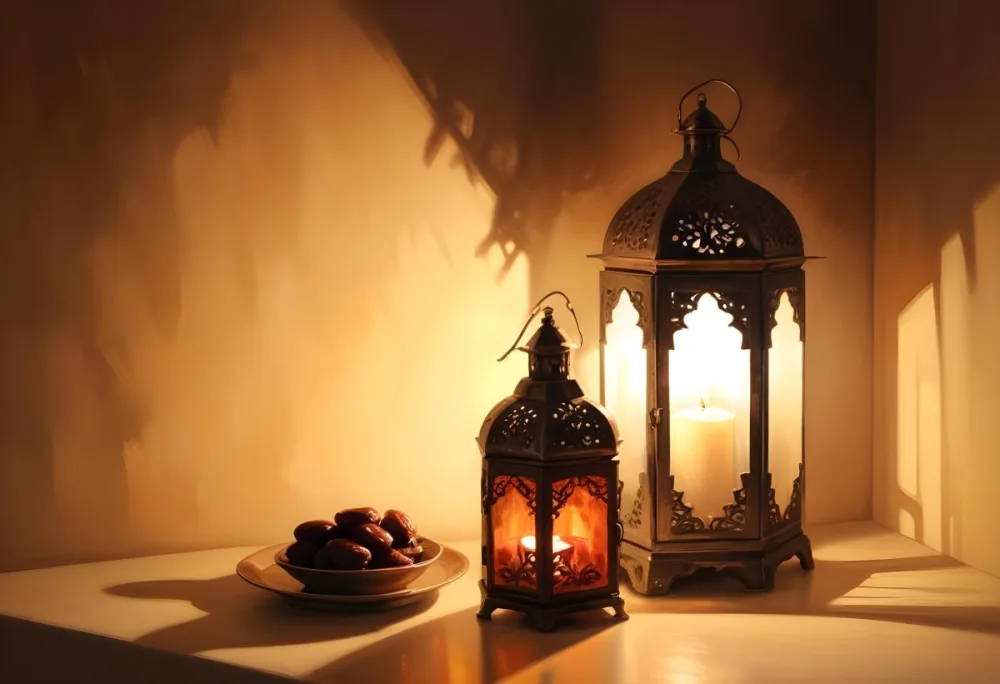 Two Metal Lanterns With Candles Inside And A Plate Of Dates On A Reflective Surface Warm Lighting Against A Plain Wall 33 Ecbd