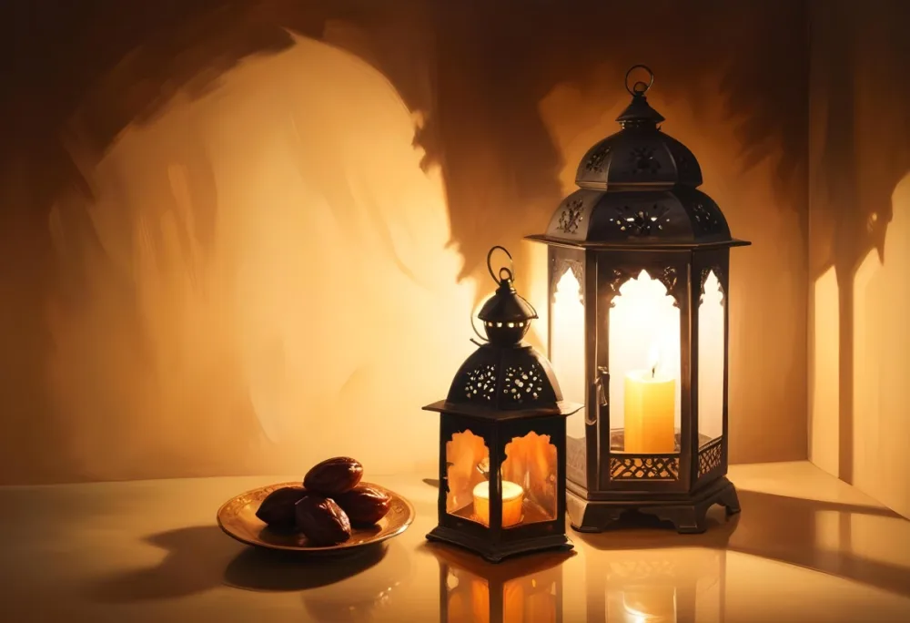 Two Metal Lanterns With Candles Inside And A Plate Of Dates On A Reflective Surface Warm Lighting Against A Plain Wall 4 C2d8