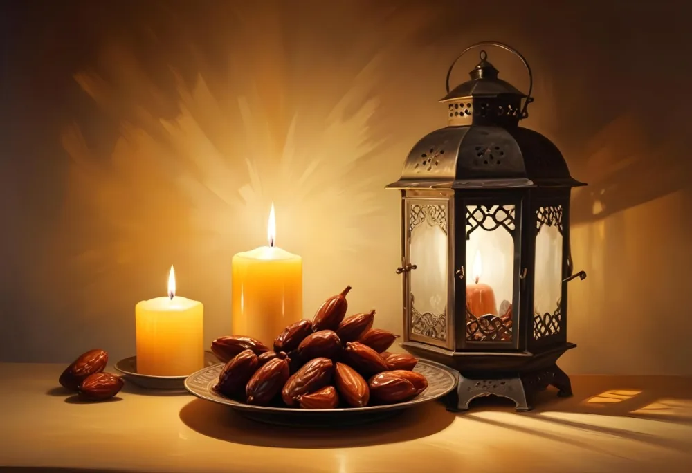 Two Metal Lanterns With Candles Inside And A Plate Of Dates On A Reflective Surface Warm Lighting Against A Plain Wall 5 C3b2