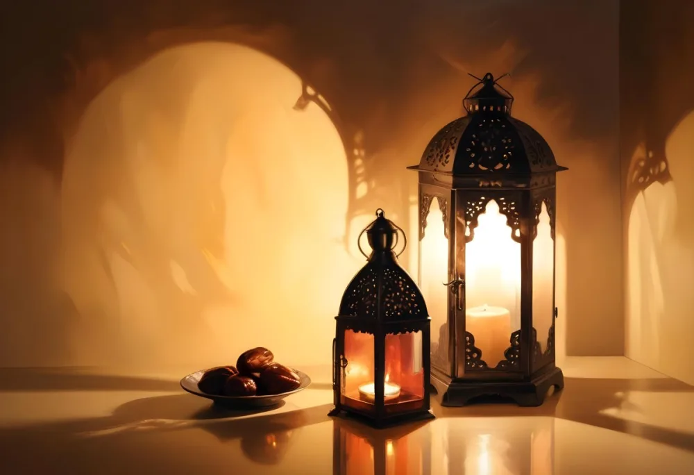 Two Metal Lanterns With Candles Inside And A Plate Of Dates On A Reflective Surface Warm Lighting Against A Plain Wall 6 22d9