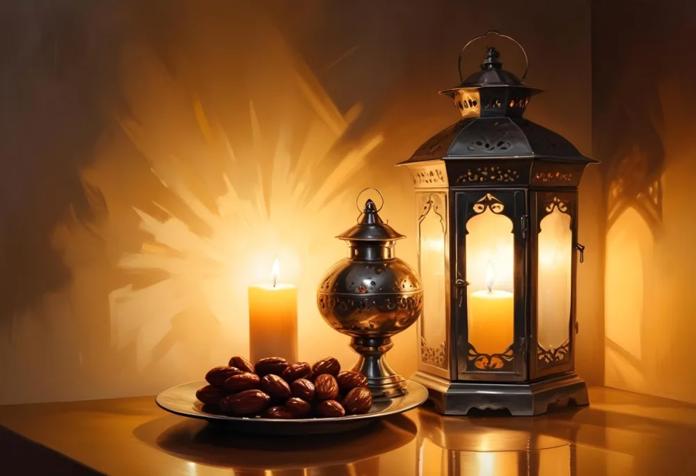 Two Metal Lanterns With Candles Inside And A Plate Of Dates On A Reflective Surface Warm Lighting Against A Plain Wall 7 5a02