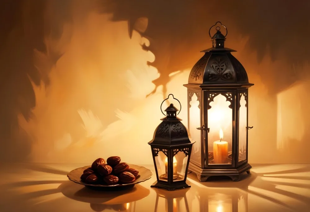Two Metal Lanterns With Candles Inside And A Plate Of Dates On A Reflective Surface Warm Lighting Against A Plain Wall 8 890b