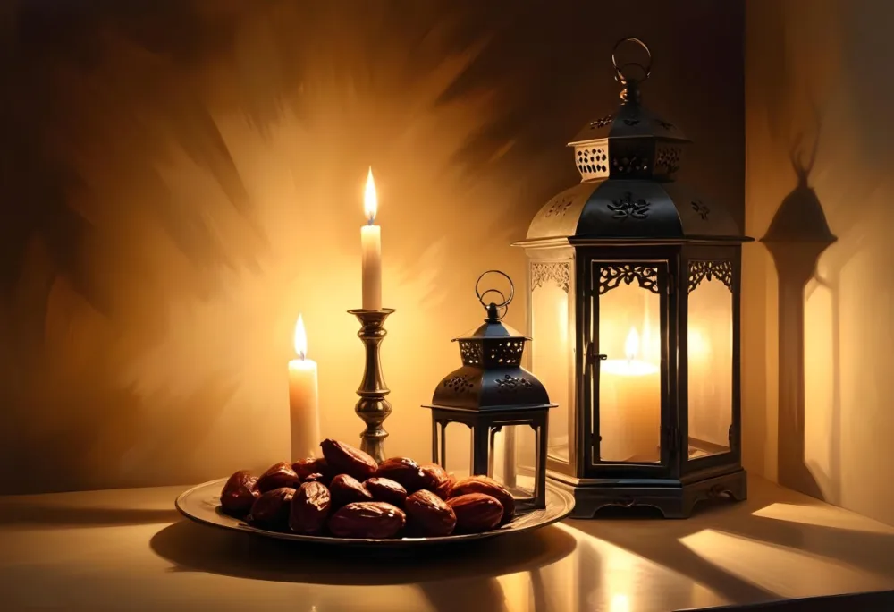 Two Metal Lanterns With Candles Inside And A Plate Of Dates On A Reflective Surface Warm Lighting Against A Plain Wall 9 9be8