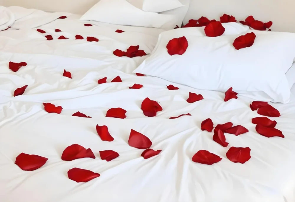 White Bed With Red Pillows And Sheets Covered With Red Rose Petals In A Bedroom 12 B0b9