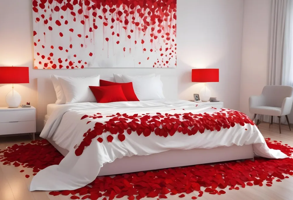 White Bed With Red Pillows And Sheets Covered With Red Rose Petals In A Bedroom 22 Ec74