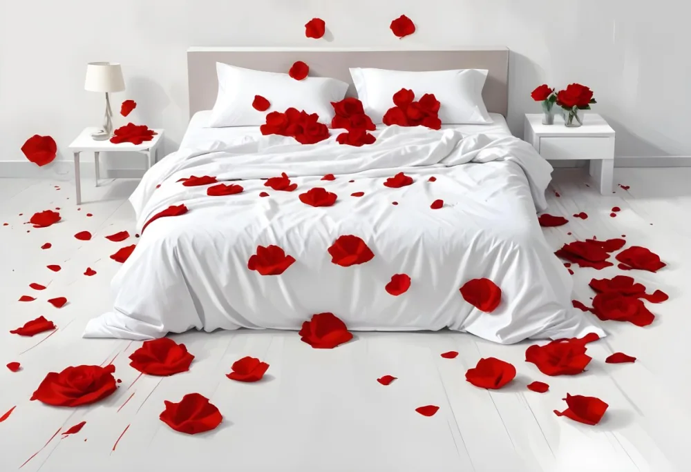 White Bed With Red Pillows And Sheets Covered With Red Rose Petals In A Bedroom 24 62bb