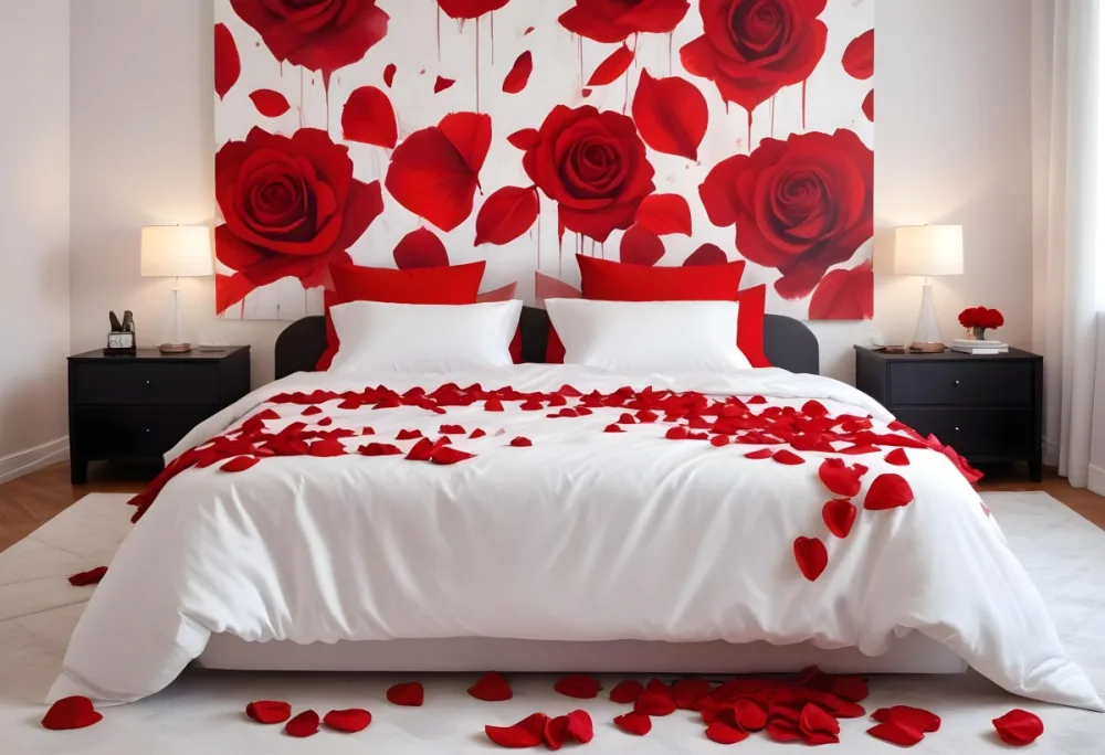 White Bed With Red Pillows And Sheets Covered With Red Rose Petals In A Bedroom 25 Fd6d