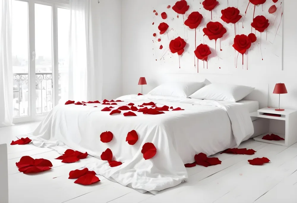 White Bed With Red Pillows And Sheets Covered With Red Rose Petals In A Bedroom 26 D725