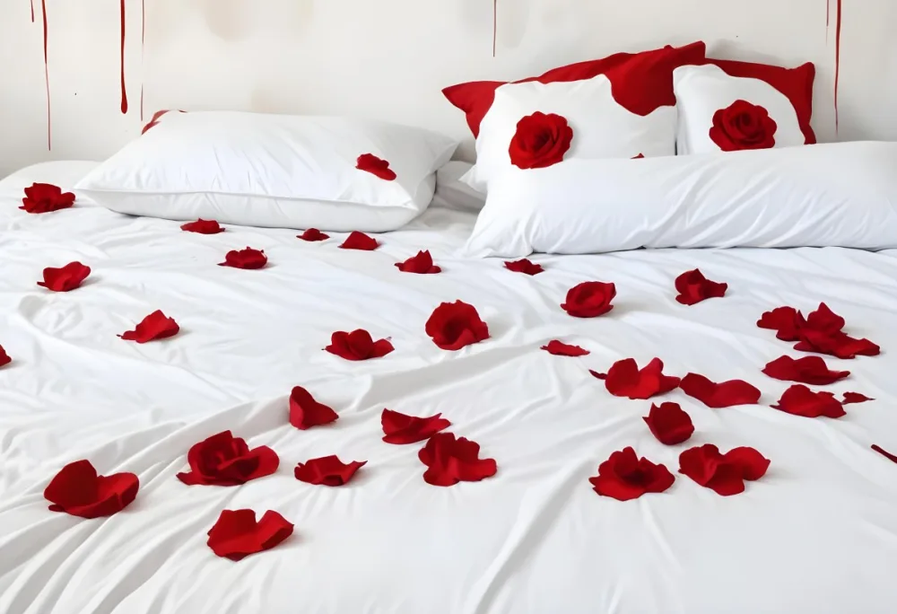White Bed With Red Pillows And Sheets Covered With Red Rose Petals In A Bedroom 3 C632