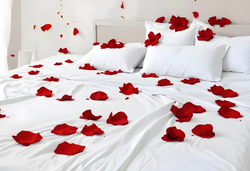 White Bed With Red Pillows And Sheets Covered With Red Rose Petals In A Bedroom 4 B2f4