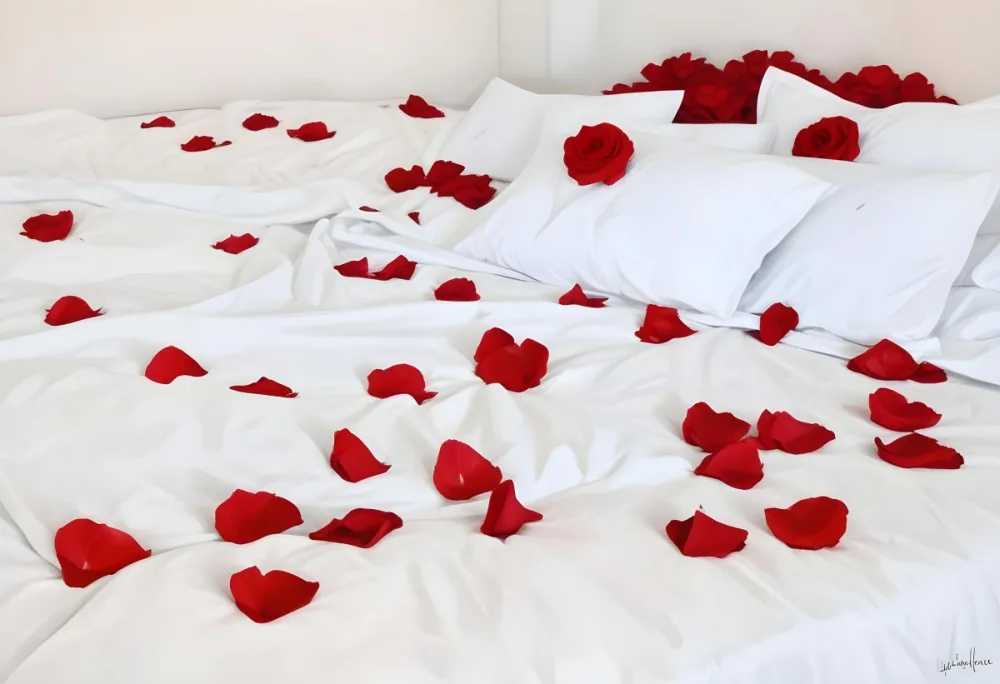 White Bed With Red Pillows And Sheets Covered With Red Rose Petals In A Bedroom 9 F5b1