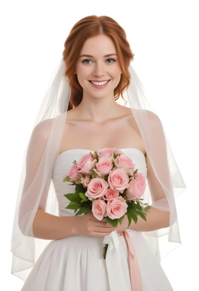 Young Caucasian Woman Approximately 25 Years Old With Wavy Shoulder Length Auburn Hair Wearing A Strapless White Wedding Dress And A Veil She Is Smiling And Holding A Bouquet Of Pink Flowers With Greenery The Backg 4489