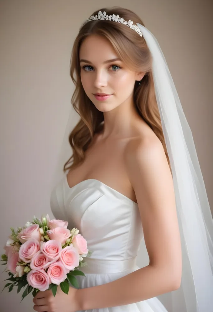 Young Caucasian Woman In Her 20s With Light Brown Hair Wearing A Strapless White Wedding Dress And A Veil Holding A Bouquet Of Pink Flowers The Background Is Bright And Softly Lit 11 Ec46