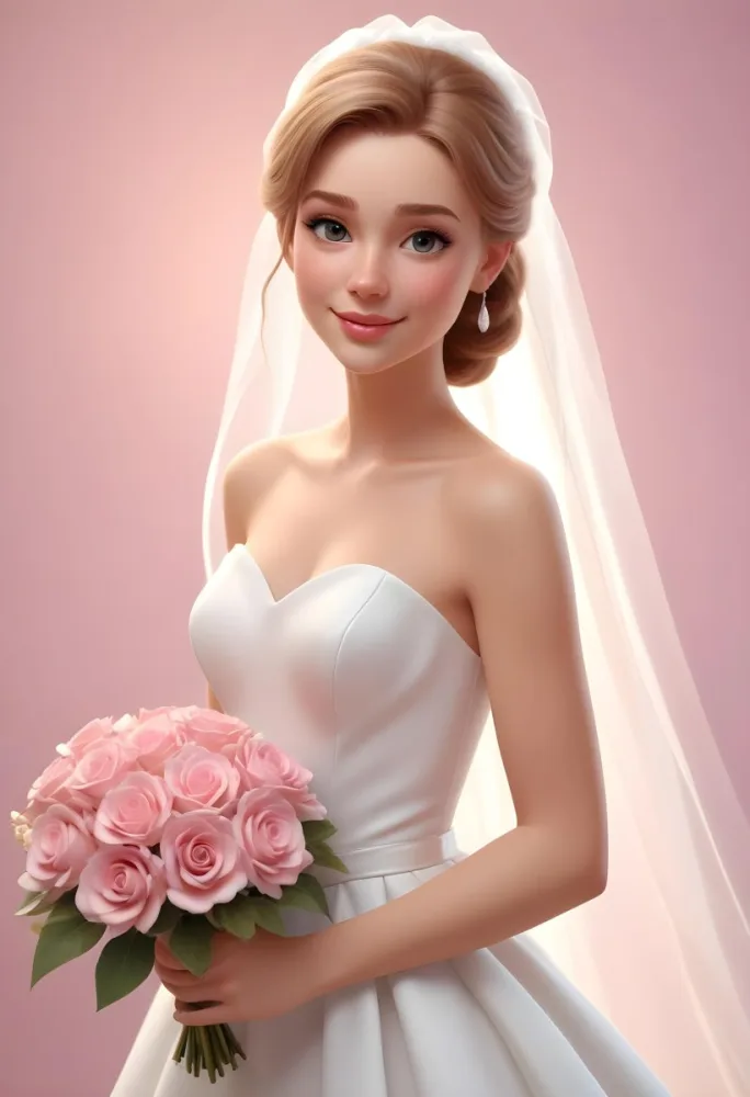 Young Caucasian Woman In Her 20s With Light Brown Hair Wearing A Strapless White Wedding Dress And A Veil Holding A Bouquet Of Pink Flowers The Background Is Bright And Softly Lit 2 5be3