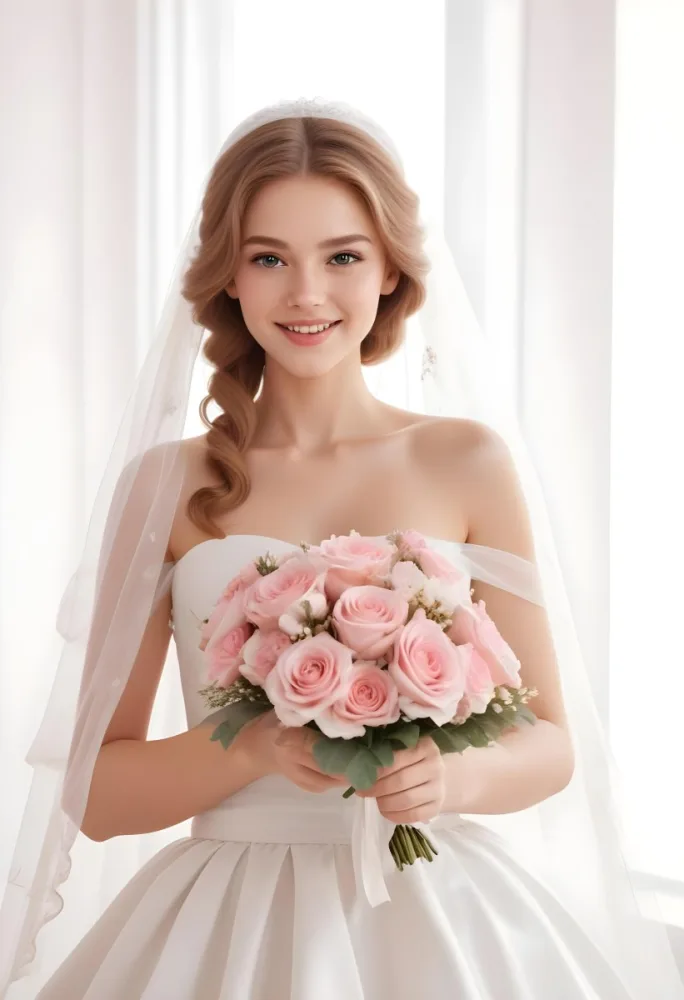 Young Caucasian Woman In Her 20s With Light Brown Hair Wearing A Strapless White Wedding Dress And A Veil Holding A Bouquet Of Pink Flowers The Background Is Bright And Softly Lit 5 8c79