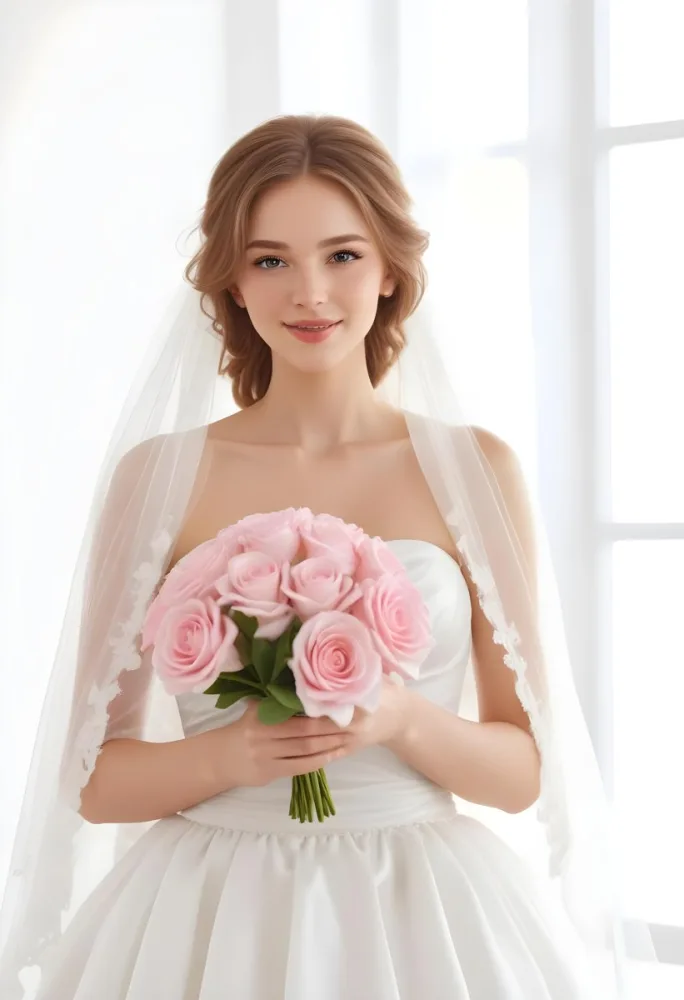 Young Caucasian Woman In Her 20s With Light Brown Hair Wearing A Strapless White Wedding Dress And A Veil Holding A Bouquet Of Pink Flowers The Background Is Bright And Softly Lit 6 309b