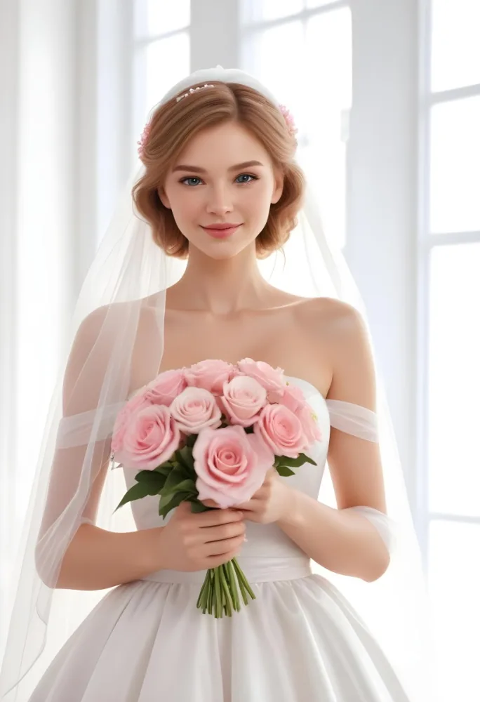 Young Caucasian Woman In Her 20s With Light Brown Hair Wearing A Strapless White Wedding Dress And A Veil Holding A Bouquet Of Pink Flowers The Background Is Bright And Softly Lit 7 Fcce